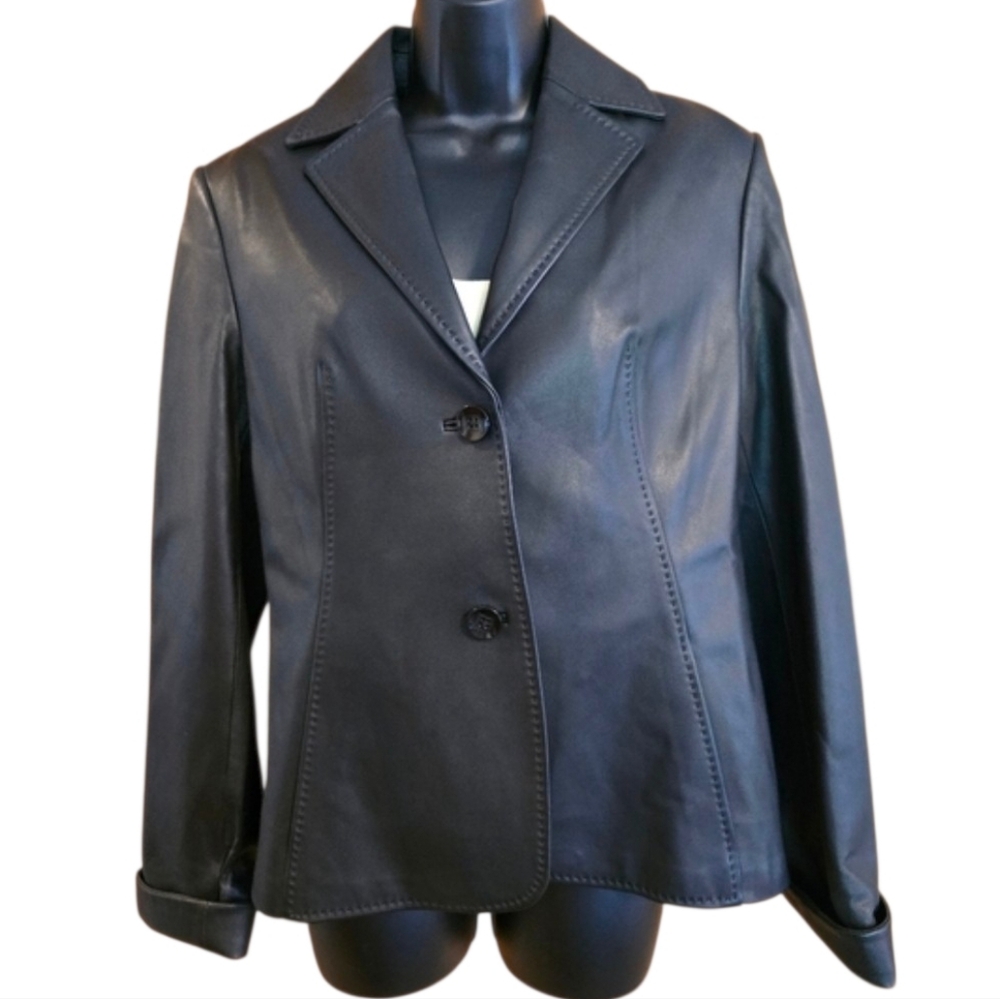 Womans Classic Black Leather Blazer Jacket Tailored Cut Office Biker Size Large